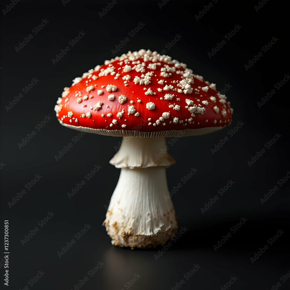 Obraz premium Vibrant Red Toadstool Mushroom With White Spots Detailed Close-Up On A Dark Isolated Background