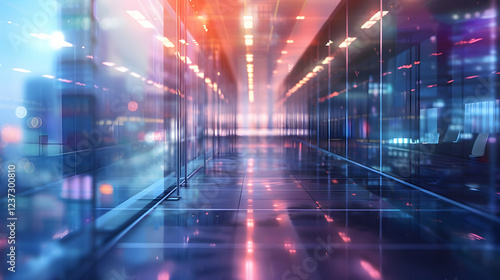 A futuristic corridor with vibrant lights and reflections, suggesting a modern workspace.