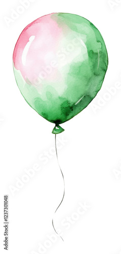 Green and pink watercolor balloon illustration isolated on transparent background