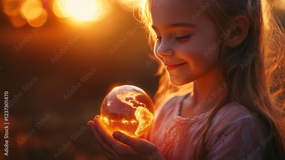 Naklejka premium Girl Holding Tiny Glowing Globe, Smiling Gently, with Warm Sunlight Illuminating Her Face