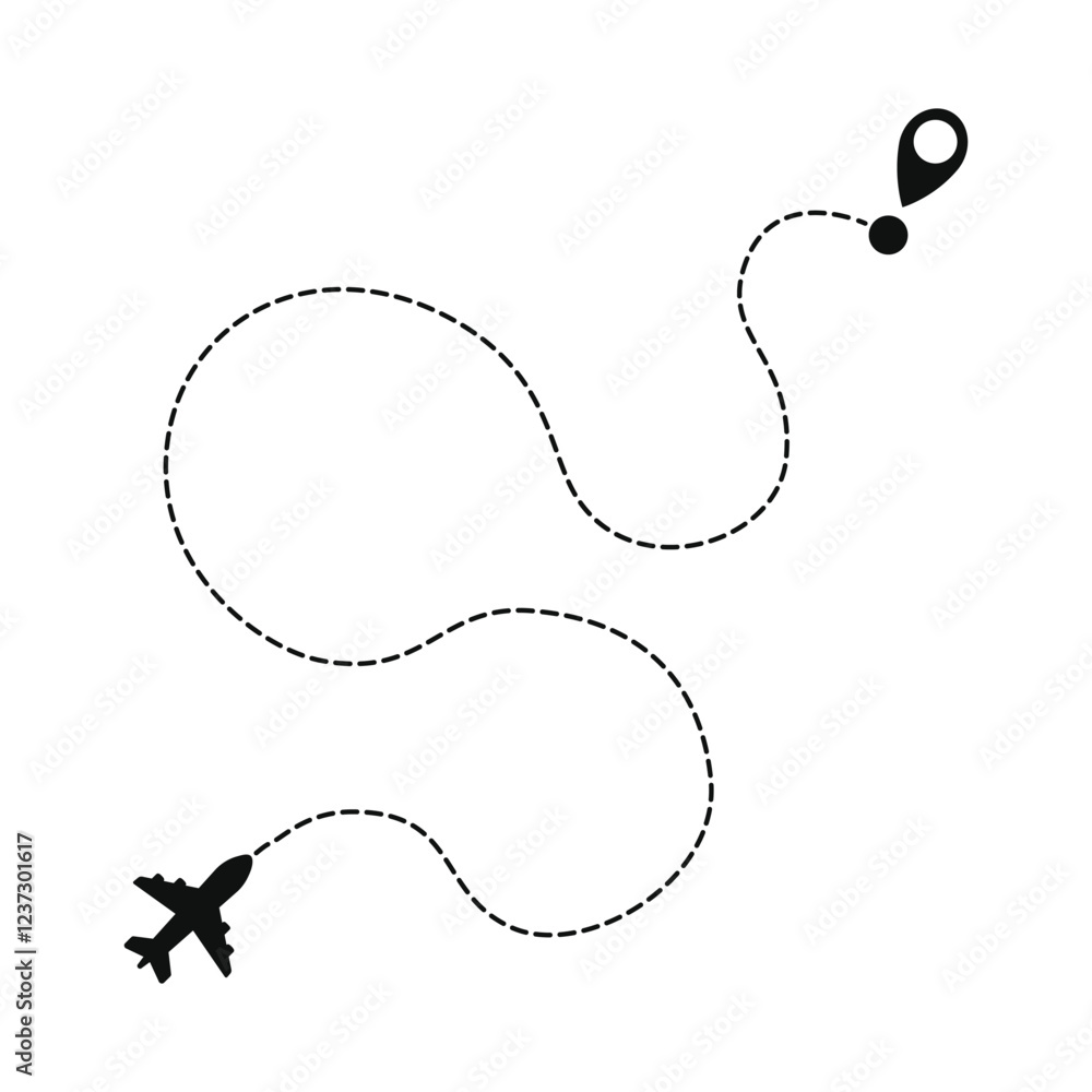 Airplane dotted route line set. Path travel line shapes. Flight route with start point and dash line trace for plane Airplane dotted route line set. Path travel line shapes. Flight route with start point and dash line trace for plane