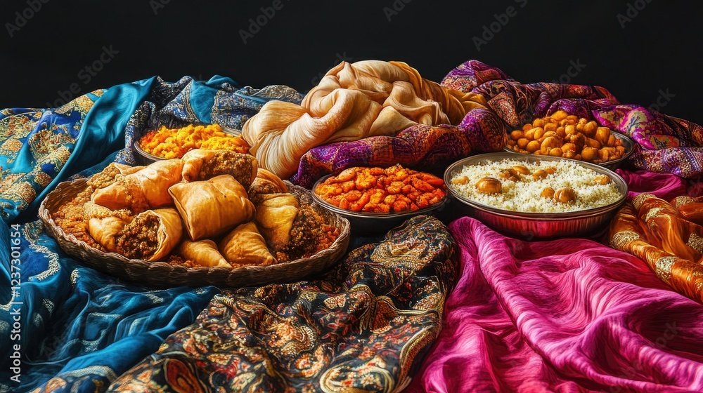 Fototapeta premium A Lavish Middle Eastern Feast: Delicious Dishes and Vibrant Fabrics