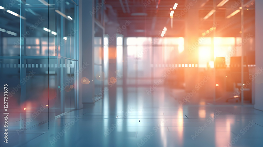 Naklejka premium A modern office space illuminated by sunset, creating a serene and productive atmosphere.