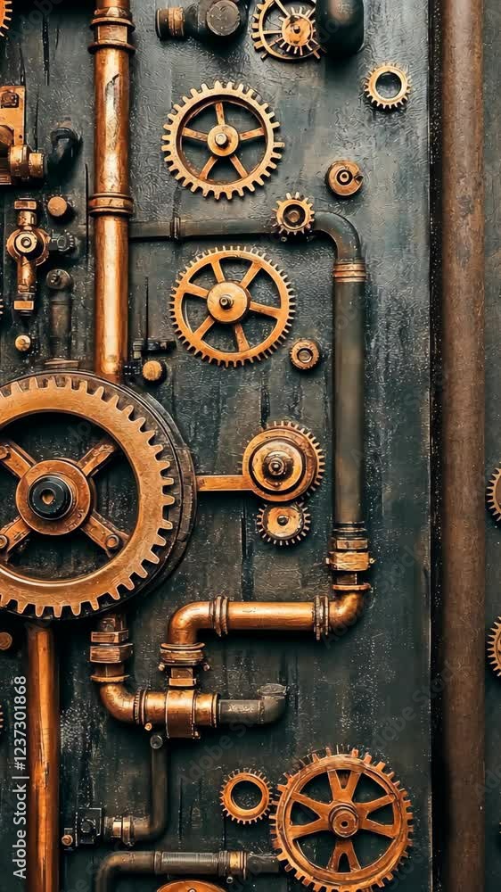 Intricate arrangement of copper gears and pipes on a dark wooden backdrop showcasing steampunk design elements Intricate arrangement of copper gears and pipes on a dark wooden backdrop showcasing steampunk design elements