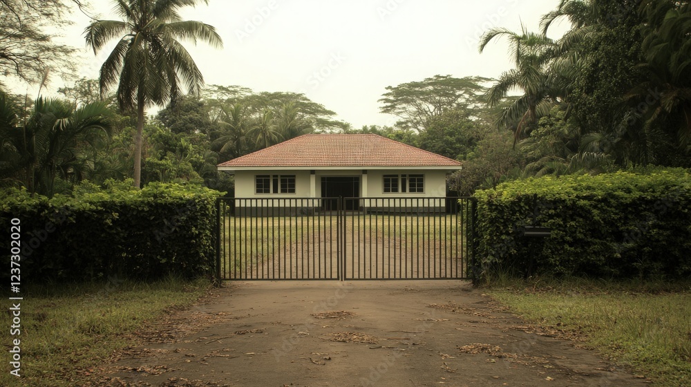 Fototapeta premium Abandoned house surrounded by lush vegetation and overgrown grass under a hazy sky
