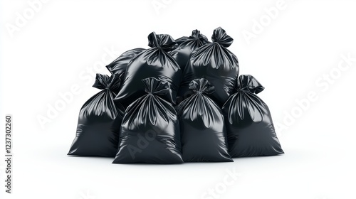 A mound of black plastic trash bags, high definition texture and material detail, isolated in a bright, seamless white space photo