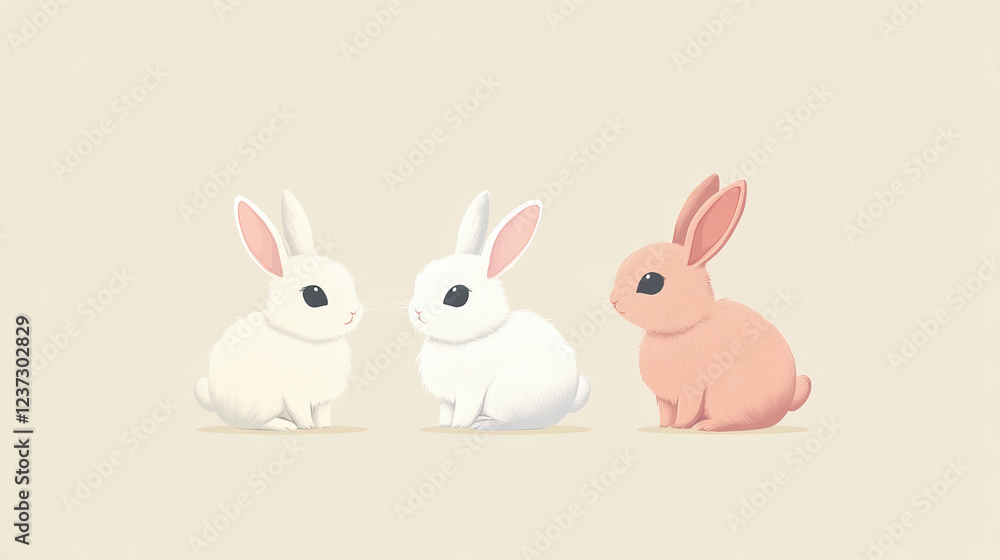 Obraz premium 優しい色合いの3匹のうさぎが向き合うシンプルなイラスト