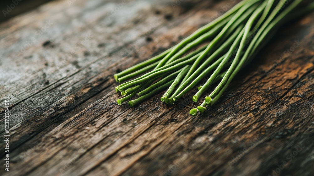 Fresh string beans on rustic wooden table, natural light, vibrant green tones, shallow depth of field for texture and detail Fresh string beans on rustic wooden table, natural light, vibrant green tones, shallow depth of field for texture and detail