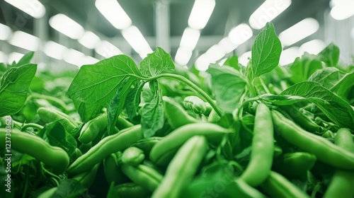 Freshly harvested green beans arranged in vibrant rows, paired with lush green leaves, inside a cutting-edge agricultural processing facility, well-lit and pristine photo