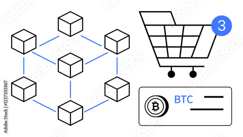 Interconnected blocks symbolizing blockchain, shopping cart with a notification of three items, and Bitcoin transaction symbol. Ideal for e-commerce, blockchain technology, cryptocurrency, digital
