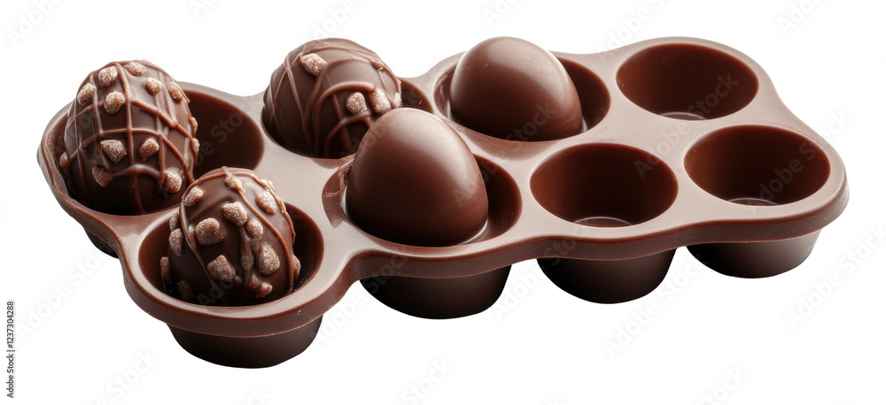 Fototapeta premium Delicious assorted chocolate treats on a tray isolated on transparent background