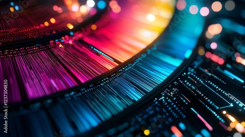 Color theme palettes in a fan arrangement, displayed on a futuristic metal surface, glowing digital data overlay, sharp focus, ultra-detailed photo