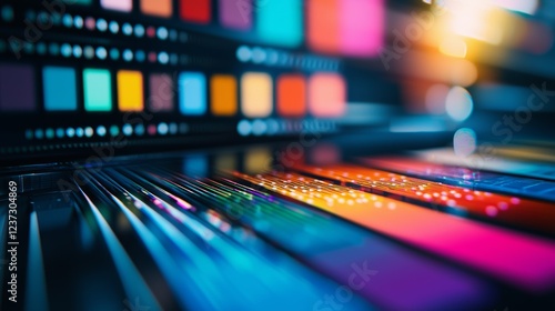 Color theme palettes in a fan arrangement, displayed on a futuristic metal surface, glowing digital data overlay, sharp focus, ultra-detailed photo