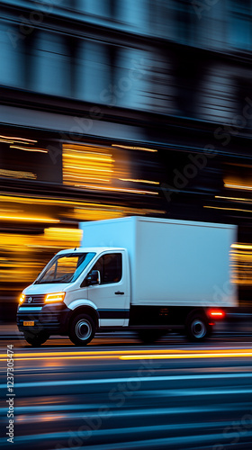 White Box Truck in Motion on City Street at Night
