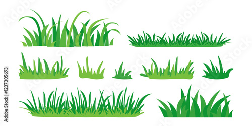 Grass icon, meadow, bush tuft, green lawn, outdoor plant set isolated on white background. Cartoon garden border. Simple vector illustration
