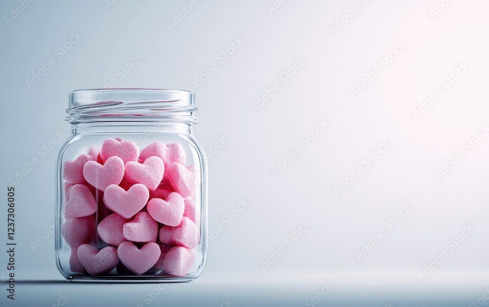A glass jar filled with delightful pink heart-shaped candies, perfect for celebrations and expressing love. A glass jar filled with delightful pink heart-shaped candies, perfect for celebrations and expressing love.