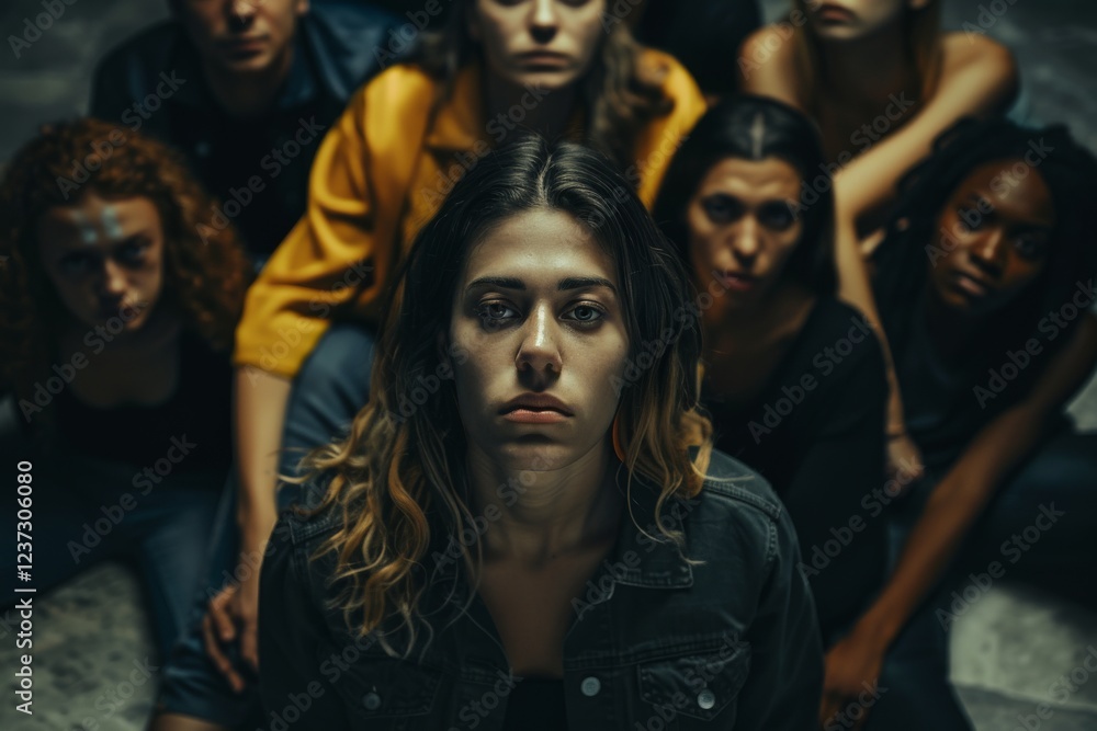 Dramatic portrait of a group of young people in front of a wall Dramatic portrait of a group of young people in front of a wall