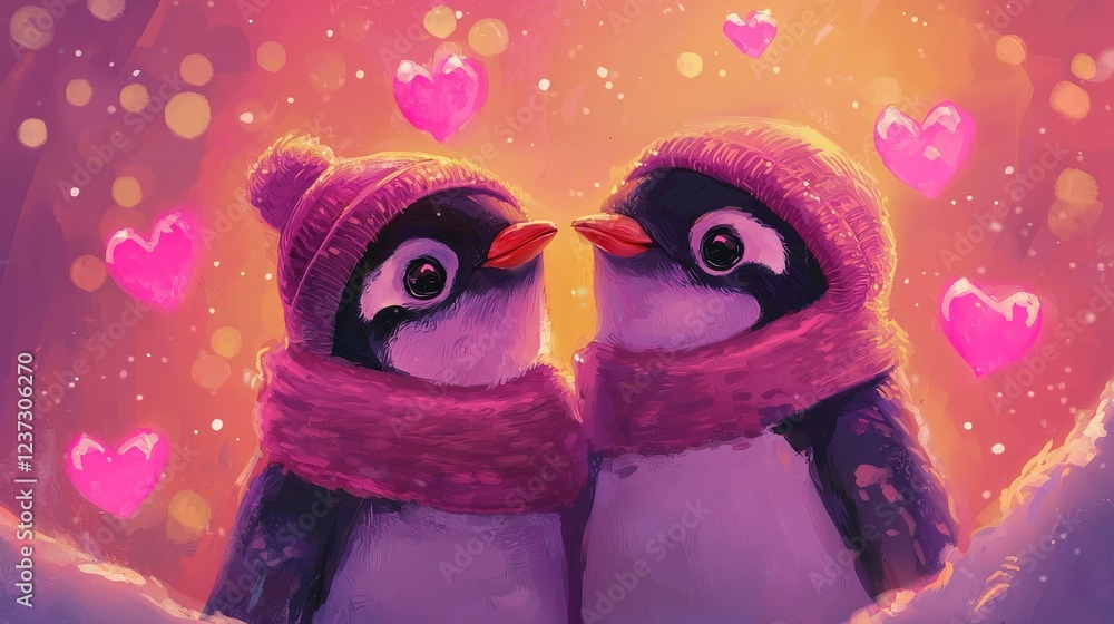 Obraz premium Close-up of two penguins dressed in winter accessories, vibrant pink hearts glowing around them, digital painting, high detail, warm winter hues