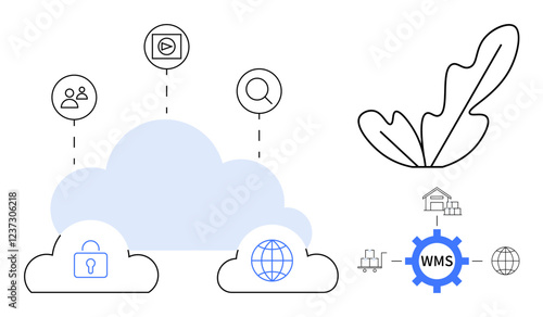 Cloud computing elements, security lock, globe icon, warehouse, gear labeled WMS, search, video play, and team icons. Ideal for technology cloud storage security global networking data