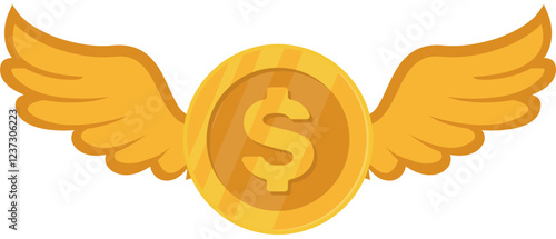Golden Dollar Coin with Wings Flying  Vector Illustration Isolated on White Background. Ideal for Financial Icons, Logos, Symbols, Templates, Mockups, Banners, Posters, Signs, and Backgrounds.