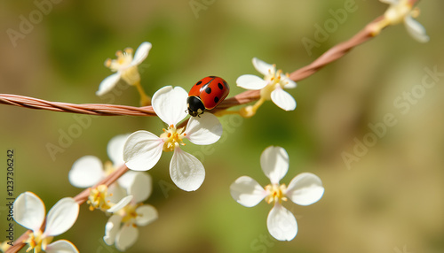 ladybug on a string beautiful white flowers