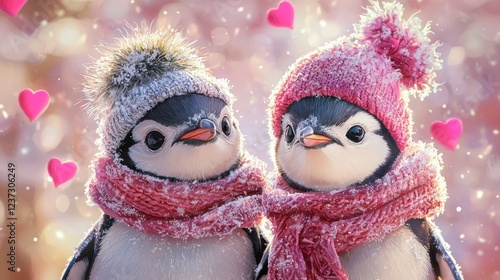 Close-up of two penguins dressed in winter accessories, vibrant pink hearts glowing around them, digital painting, high detail, warm winter hues photo