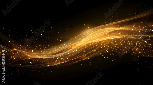 A dynamic wave of golden light and particles on a black background.