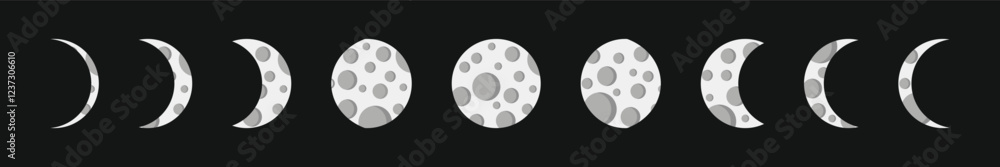 Obraz premium Moon phases vector. Lunar cycle icons. Black white gray design. Astronomical symbols set.