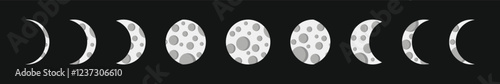 Moon phases vector. Lunar cycle icons. Black white gray design. Astronomical symbols set.