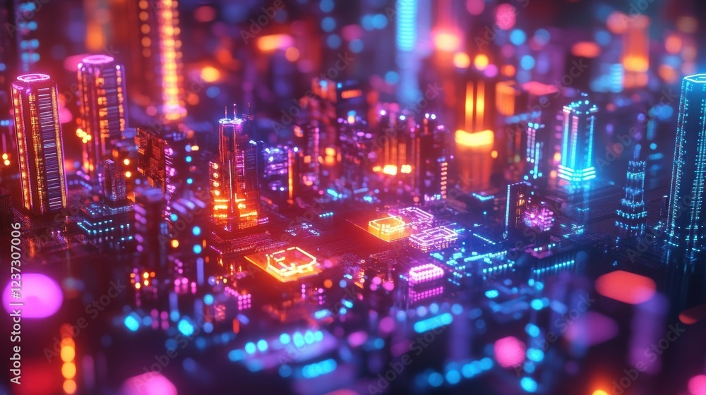 Obraz premium Illuminated skyscrapers rise from a vibrant circuit board, showcasing the fusion of urban development and technological innovation in a futuristic metropolis