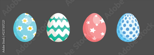 Easter Eggs with Realistic ornament pattern, Vector. Set of colorful decorated Easter eggs with floral, geometric, and seasonal patterns. Flat illustration style.