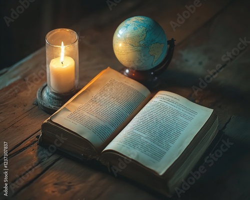 Minimalist Still Life with Open Book, Glowing Globe, and Candle, Symbolizing Wisdom and Thought photo