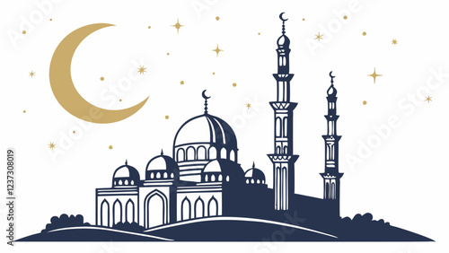 Islamic Mosque Under Crescent Moon and Stars