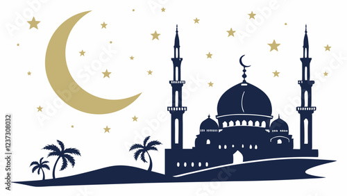 Islamic Mosque Under Crescent Moon and Stars