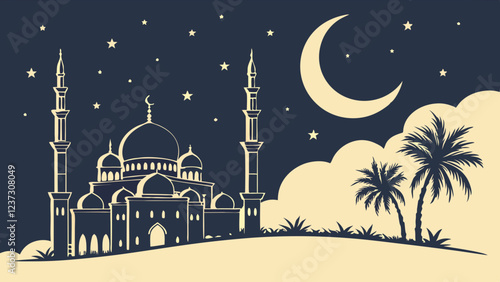 Islamic Mosque Under Crescent Moon and Stars