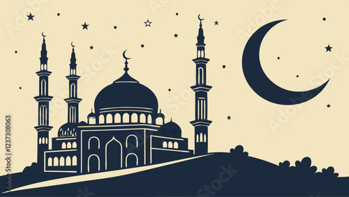 Islamic Mosque Under Crescent Moon and Stars