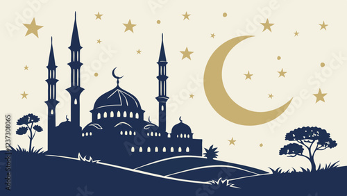 Islamic Mosque Under Crescent Moon and Stars