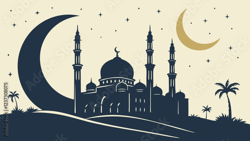 Islamic Mosque Under Crescent Moon and Stars