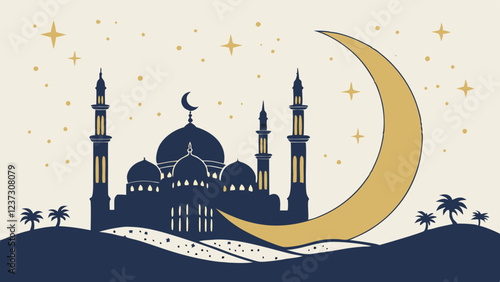 Islamic Mosque Under Crescent Moon and Stars