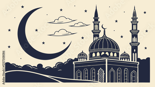 Islamic Mosque Under Crescent Moon and Stars