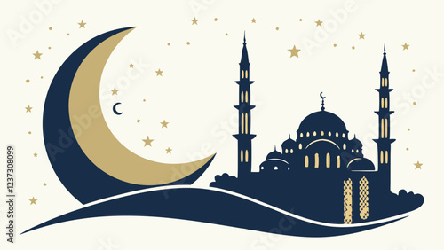 Islamic Mosque Under Crescent Moon and Stars