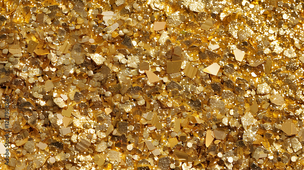 A close-up view of shimmering gold glitter particles in various shapes and sizes. A close-up view of shimmering gold glitter particles in various shapes and sizes.