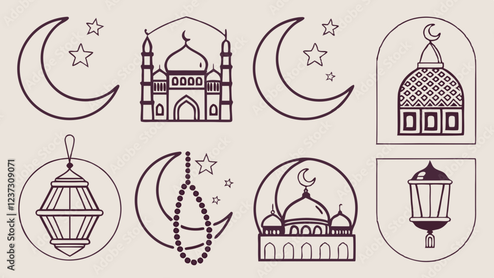 Fototapeta premium Islamic Symbols Collection Featuring Mosques, Moons, Lanterns, and Prayer Beads