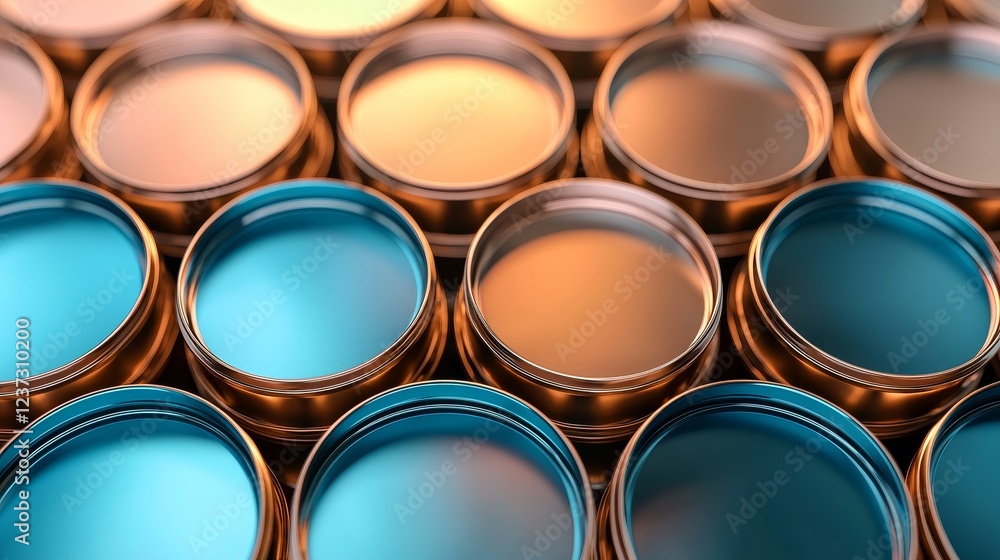 Fototapeta premium Close-up view of vibrant oil barrels in metallic shades, stacked tightly to form a textured industrial background with striking reflections