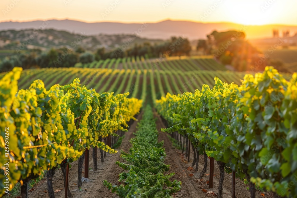 Obraz premium Rows of grape vines with golden leaves in a vineyard at sunset. AI generative. .