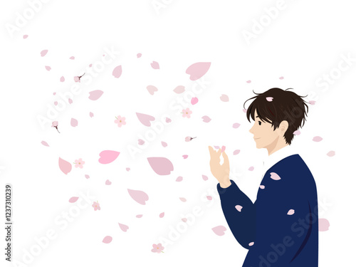 舞う桜の花びらを手にする人