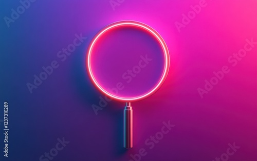 A vibrant neon magnifying glass against a colorful background, symbolizing exploration and discovery in a modern design.