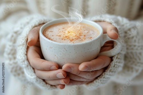 Close-up of hands holding a steaming cup of coffee, warm lighting, and a white knit sweater. AI generative. . photo