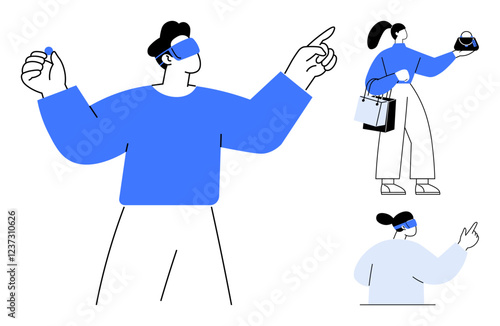 Individuals interacting with augmented reality, one pointing, another shopping, a third at a desk. Ideal for technology, innovation, digital interaction, future trends, lifestyle consumer behavior