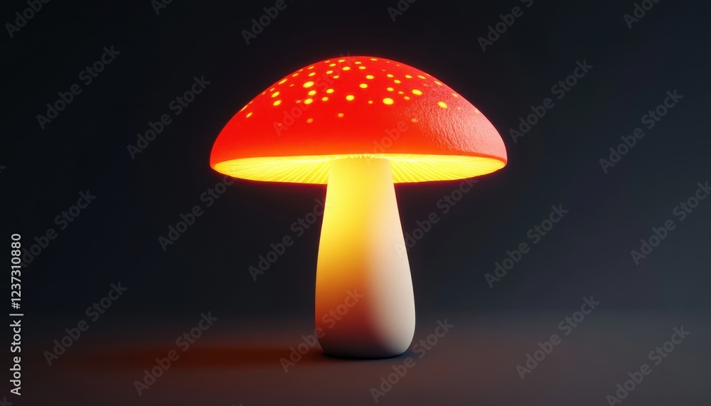 A vibrant red mushroom lamp emits a warm glow, showcasing whimsical design and modern aesthetic perfect for home decor. A vibrant red mushroom lamp emits a warm glow, showcasing whimsical design and modern aesthetic perfect for home decor.